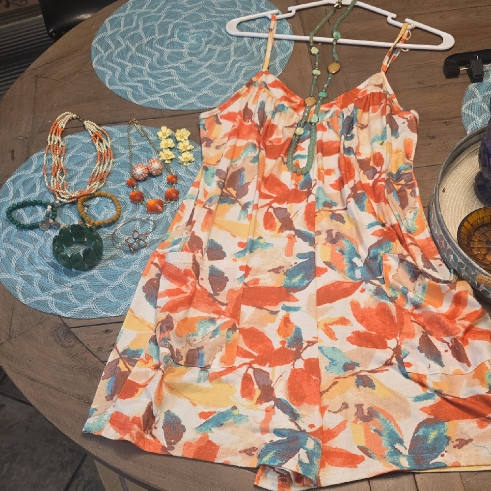 Orange Floral Romper W/ Matching Jewelry Bundle (New)
